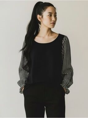 Ann Taylor Classic Black Top with White Striped Sheer Sleeves Women’s Small